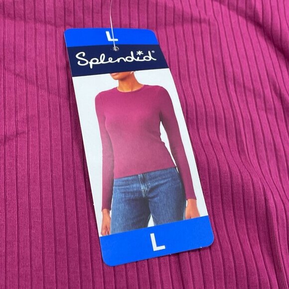 Splendid Long-Sleeve Ribbed Top L Magenta Rayon & Elastane Blend NWT 6509 - Picture 5 of 8